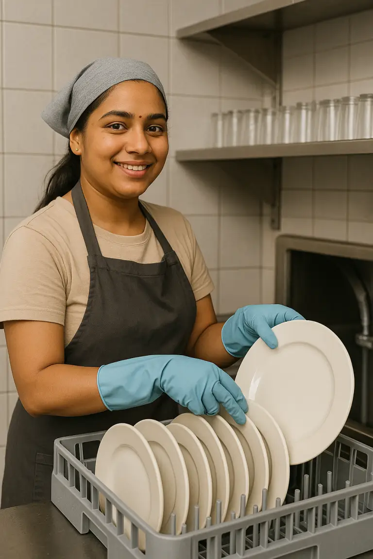 woman smiling while arranging clean plates in a commercial kitchen at Redpanda Hospitality, Basundhara, Kathmandu, wearing gloves and an apron.