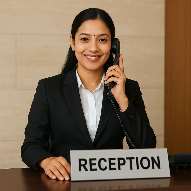 A smiling Nepali woman receptionist in a black blazer, speaking on the phone at a front desk with a "RECEPTION" sign, representing Redpanda Hospitality in Basundhara, Kathmandu.